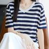 Summer's New V-neck Striped Knitted Short-sleeved Shirt Is Elegant and Versatile. A Thin Half-sleeved Striped Color-blocked Base for Women