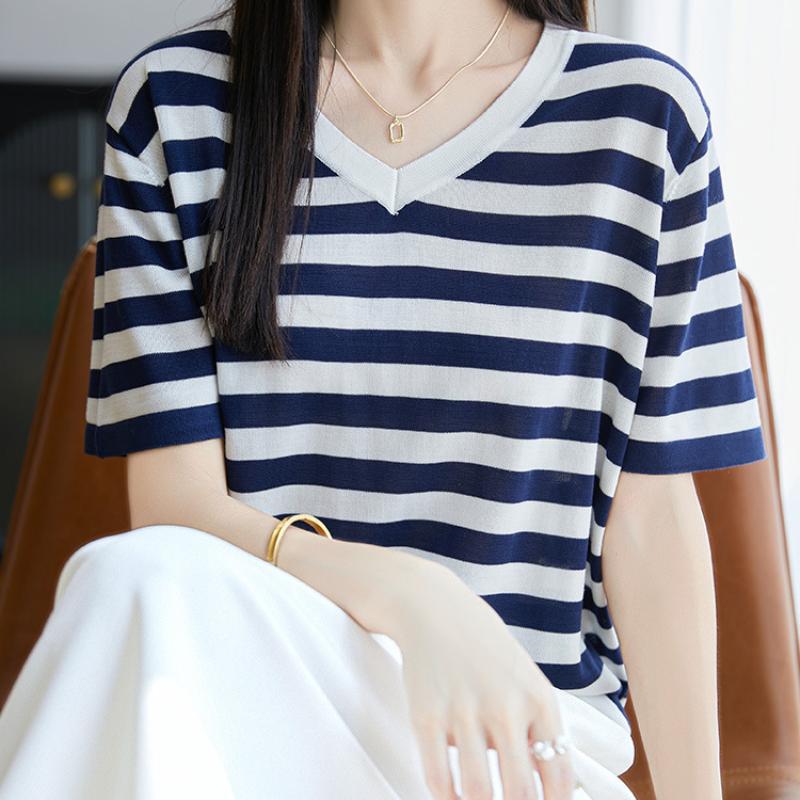 

Новая летняя трикотажная футболка с V-образным вырезом и полосками, с коротким рукавом, элегантна и универсальна. Тонкая базовая футболка с полосками и цветными блоками с рукавами до локтя для женщин XL темно-синий