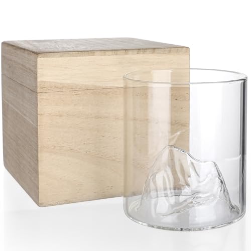 

Whiskey glass, rocks glass, sake glass, clear glass tumbler with Kanzan mountain design, wooden box included (approx. 325ml capacity)