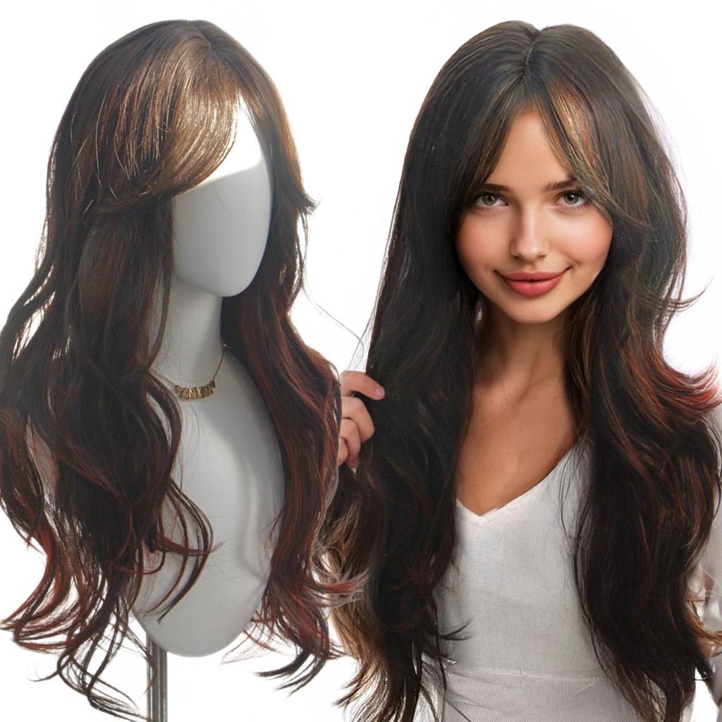 Black Brown Long Curly Large Wave Synthetic Wig Fashion Mid Long Curly Wig Women's Wig