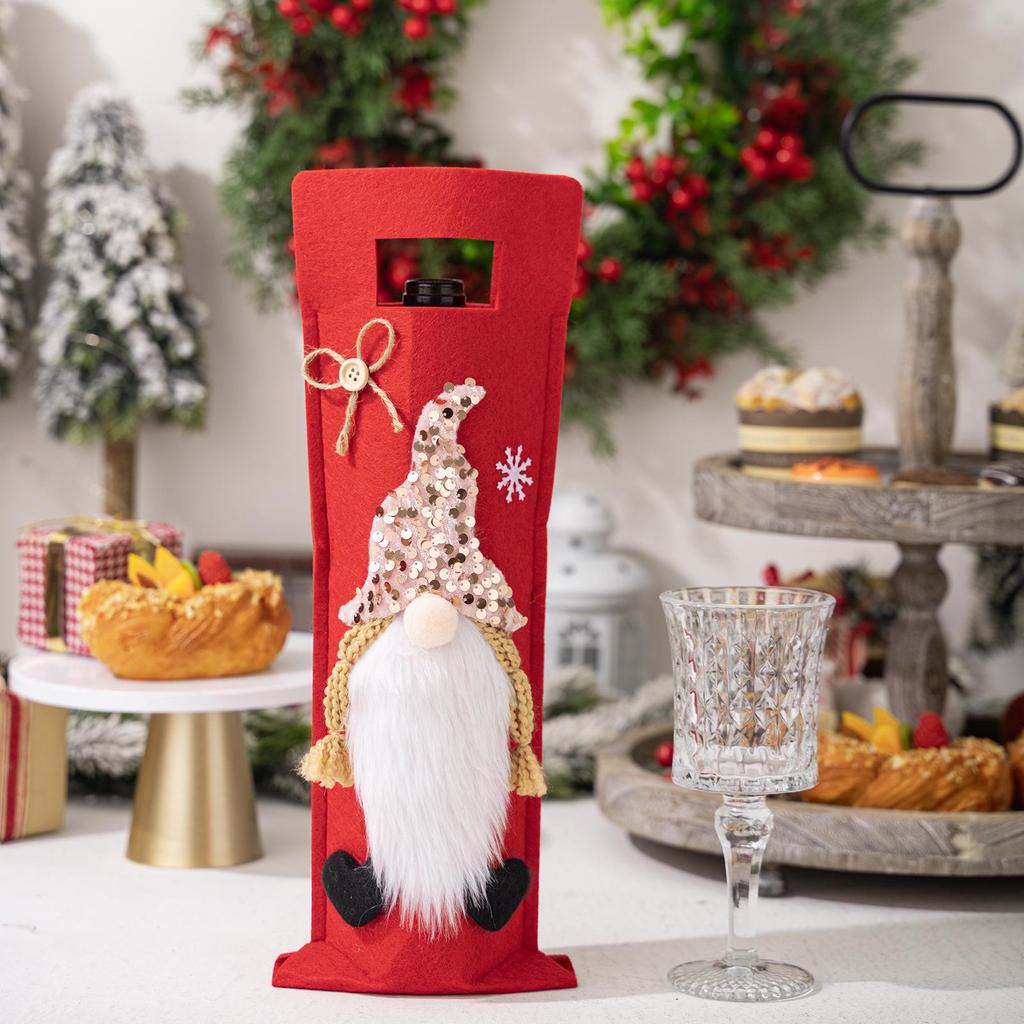 Dzianinowe świąteczne pokrowce na butelki wina: Szalik Staruszka, Czapka, Bałwan na Świąteczną Dekorację Restauracji