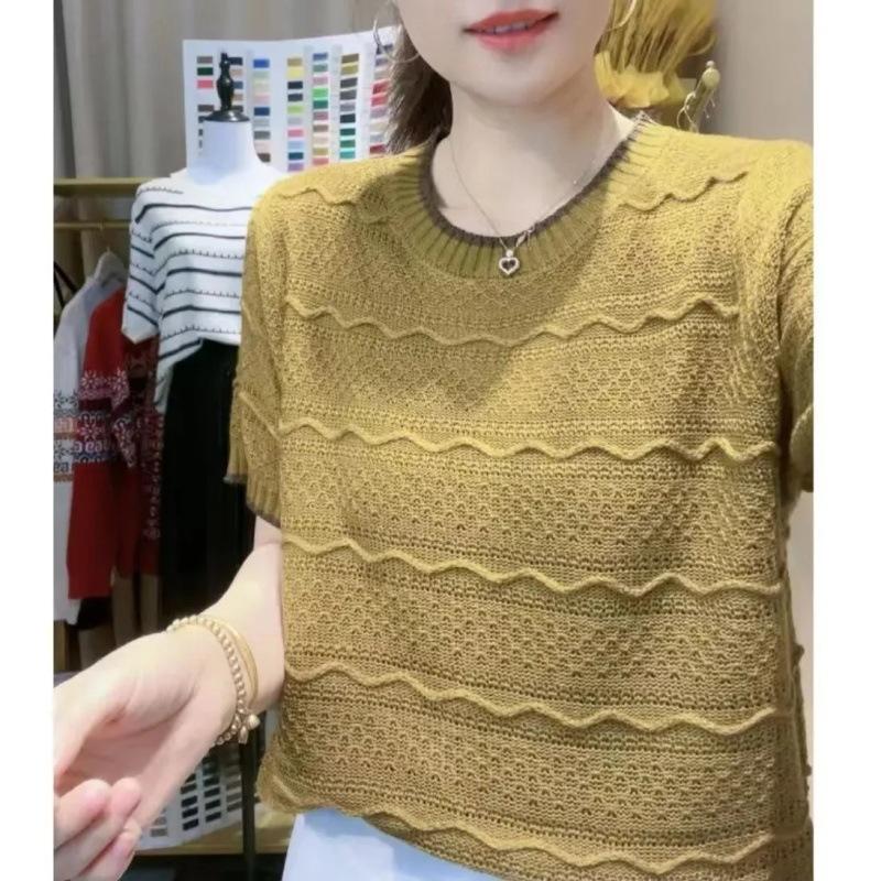 Summer Round Neck Knitted T-shirt Striped Hollow Ice Silk Knitted Short Sleeved T-shirt for Women
