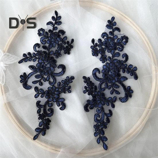 2 Pcs Embroidery Lace Applique Sewing Flower Fabric Collar Patch Motif Wedding Gown Dress Bridal DIY Crafts for Daily Wear Tailor Shops