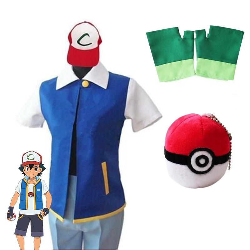 Pokemon Ash Ketchum Cosplay Kostüm Komplettset Erwachsene Jacke Handschuhe Hut Halloween Hohe Qualität Elastisches Weiches Polyestermaterial