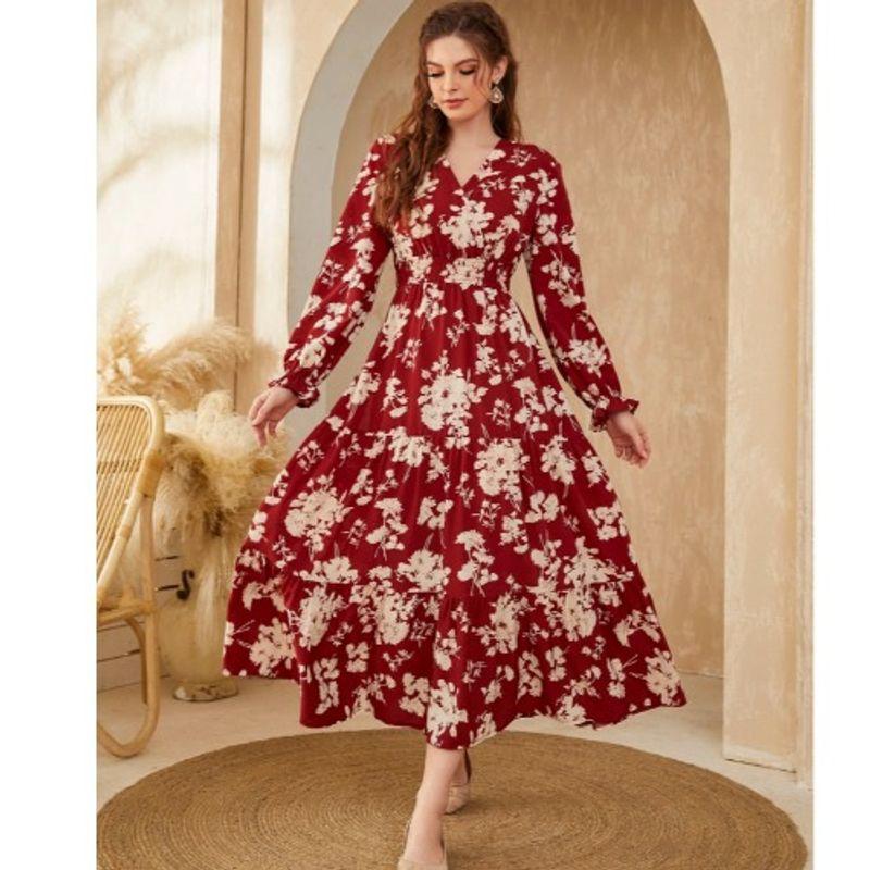 

Dress Slim-Fit Elastic High-Waist A- line Long Sleeve Dress Red L
