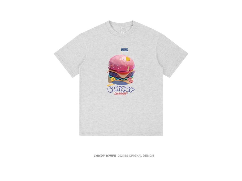 Retro Hamburger Print Short Sleeve T-Shirt for Couples - Trendy, Loose Fit for Men & Women