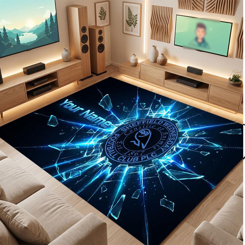 Sheffield Wednesday FC Custom Crystal Velvet Rug, Personalized Name Text Print, Football Logo Soft Non‑Slip Floor Mat Home Decor Gift