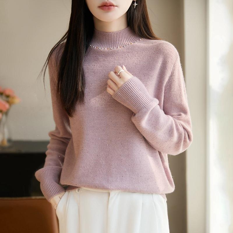 Half-neck Soft-fiber Fine-spun Wool Knitted Sweater for Women, Suitable for Autumn and Winter, Loose-fitting Base Layer Top, Sweater