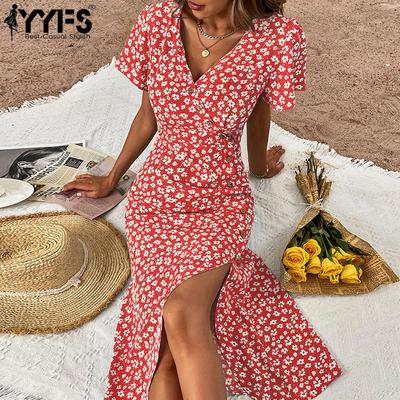 Damenmode Sommer Frühling Blumendruck Kurzarm V-Ausschnitt Hohe Taille Urlaub Freizeitkleider