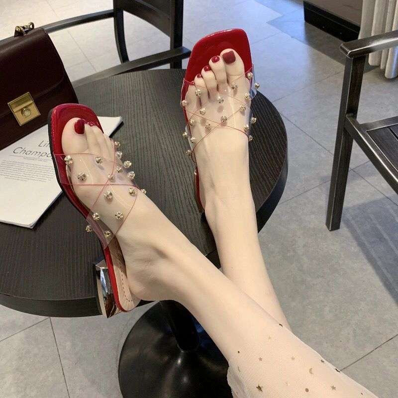 Size 35-43, Large Size Women's Shoes Slippers Women's Summer Wear Thick Heel Transparent Cool Slippers 41 Fashionable Low Heel One-word Drag 42