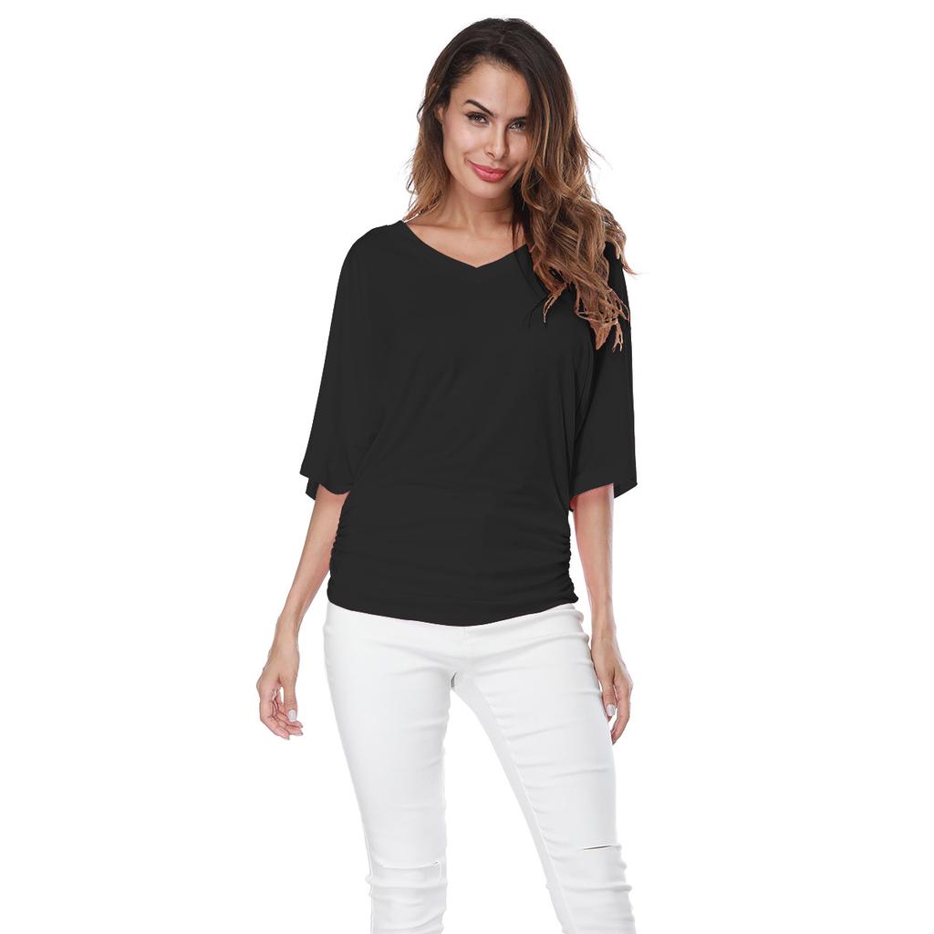 Large Size Top Women's Solid Loose Bat Sleeve V-neck Short Sleeve T-shirt