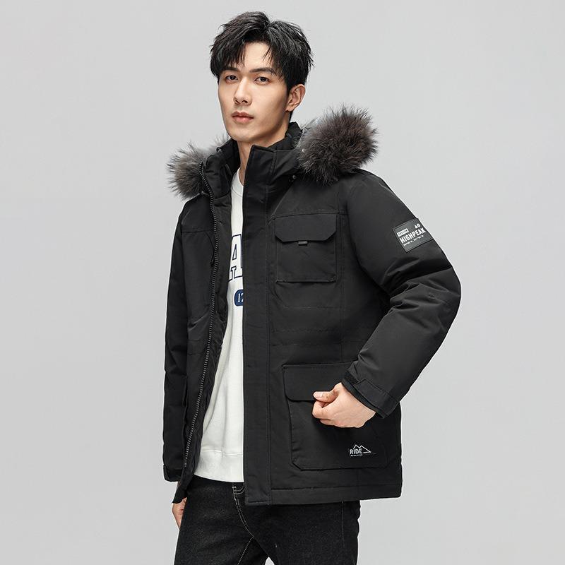 New winter down jacket men's short hooded jacket tooling trendy brand men's big fur collar warm and cold coat men