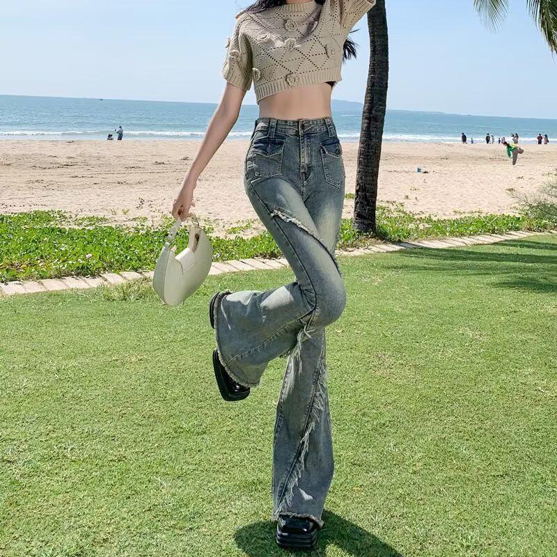 

Женские джинсы 2024 с высокой посадкой, в стиле ретро, микроклеш - Новый дизайн, американский стиль, осенняя коллекция L синий