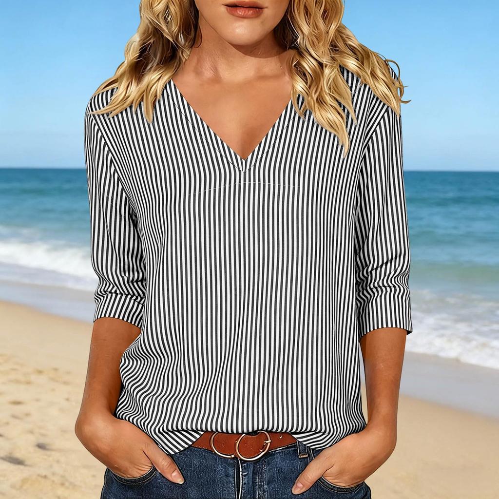 Women's Casual Striped Print Three-Quarter Sleeve Pullover Top