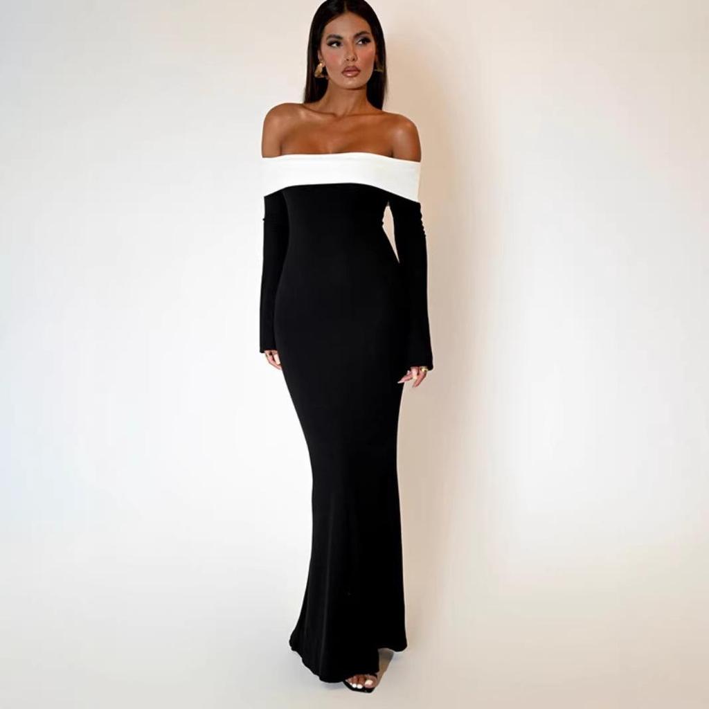 2025 French Fashion Color Block One-Shoulder Bodycon Mermaid Dress