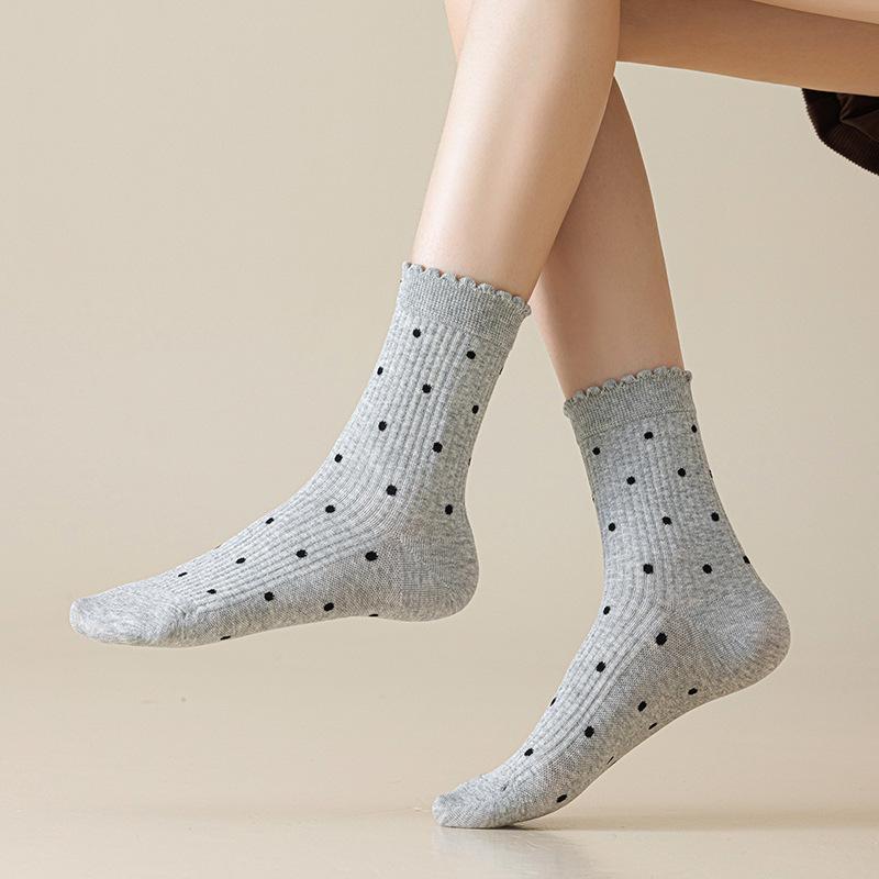 Polka Dot Socks Pure Cotton Medium Tube Socks Spring And Autumn Thin Versatile Cute Lace Polka Dot Stacking Socks Socks Industry
