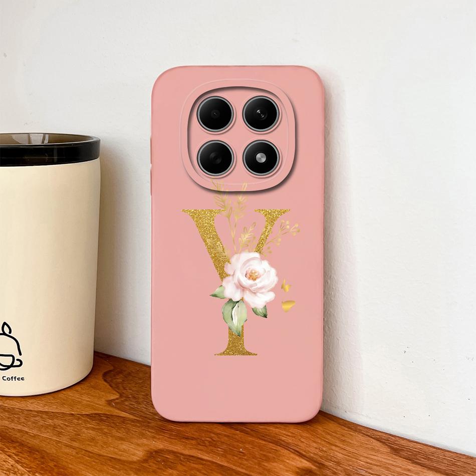 Floral Gold Letters Cover For Poco M8 Pro Phone Case Soft Smooth Liquid Silicone Anti Drop Protective High Quality Couple Bumper