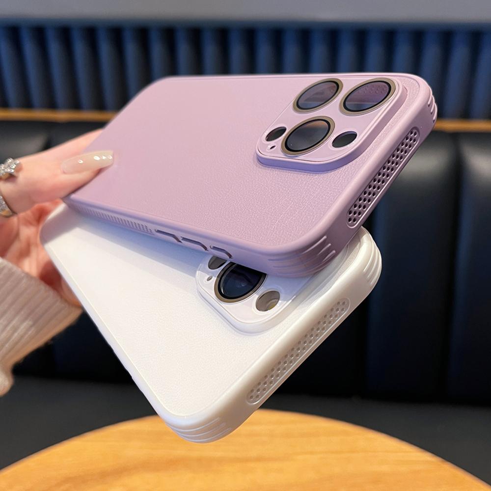 Luxusní kožený chladicí kryt na telefon se vzorem liči pro iPhone 15 14 13 12 Pro Max, ochrana objektivu, odvod tepla, kryt rámečku