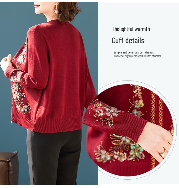 Women's Autumn/Winter Heavy Knit Cardigan with Butterfly Flower Embroidery & Hand Beading