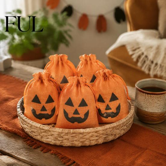 Bulk Candy Containers 5Pcs Halloween Burlap Drawstring Bags, Treat Pouch for Party Favor, Gift Bags Rustic Goodie Trick or Reusable Packaging Holiday