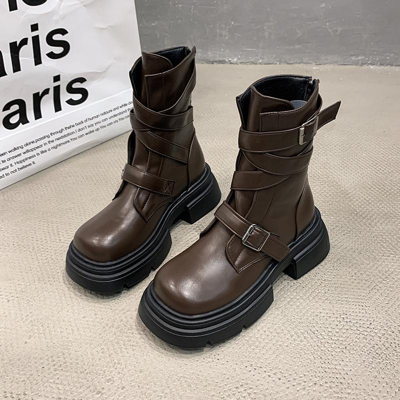 Brown casual and thin British style platform Martin boots women's 2025 autumn new small round head thick heel short boots