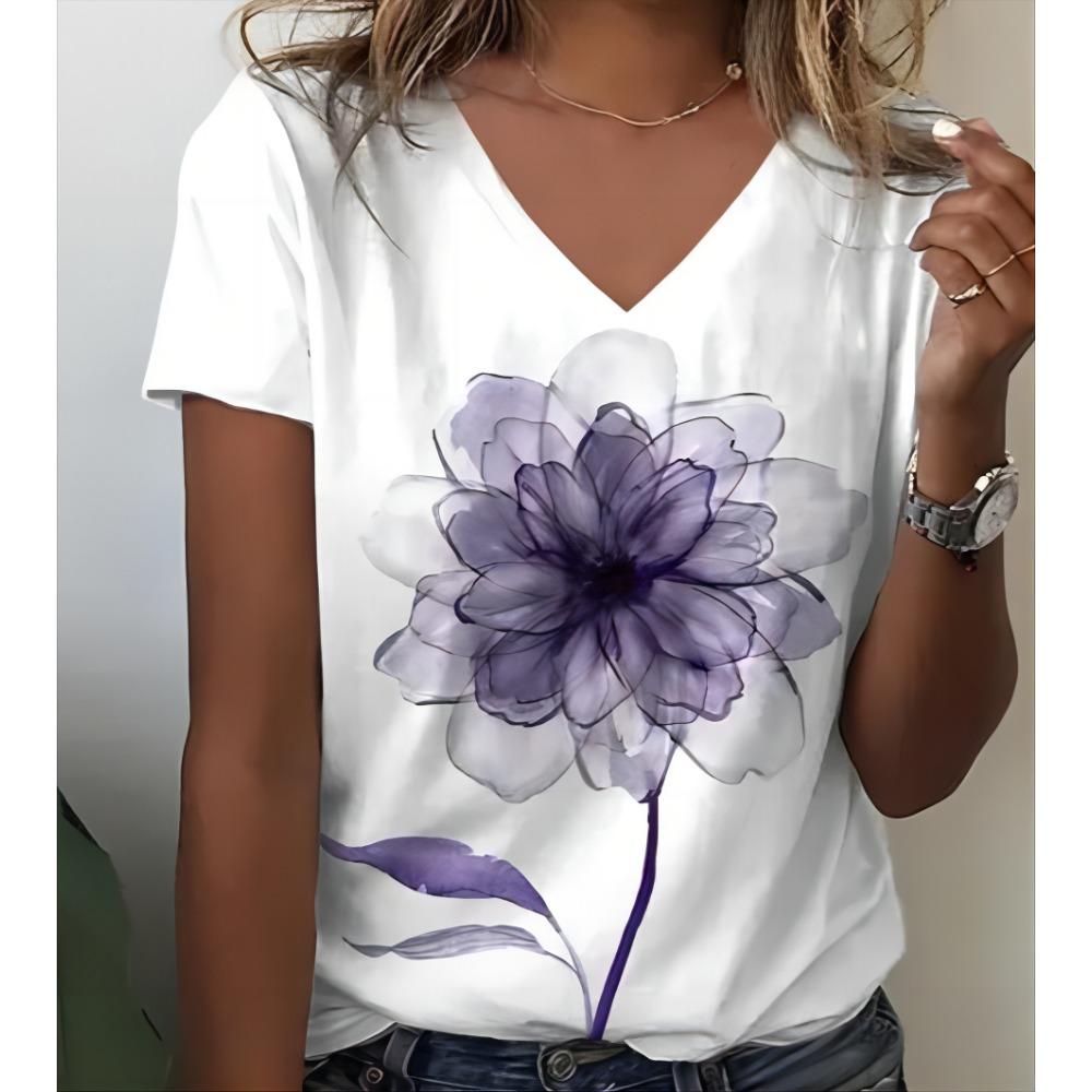 Summer Women V-neck Short sleeved Butterfly 3D Print Top Fashion Large T-shirt Women's Clothing