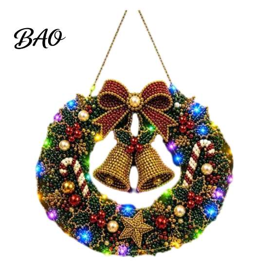 Seasonal Holiday Crafting Set Christmas Diamond Painting Wreath Kit with LED String Lights, Snowman Pearl Art Shiny Acrylic Craft for Adults,