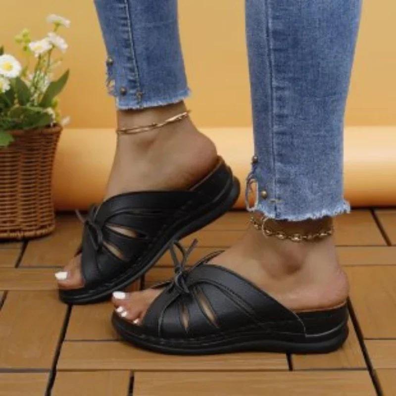 Fashion Women Bow Wedges Slippers Platform High Heels Shoes Summer Beach Flip Flops Female New Fashion Sandals Casual Slides Big Size 43