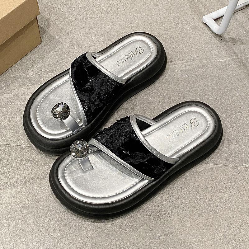 

Fashion 2025 Summer Korean Style Women Outdoor Thick Soled Platform Toe Loop Slippers Anti Slip Flat One Strap diamond Sandals Trendy 35