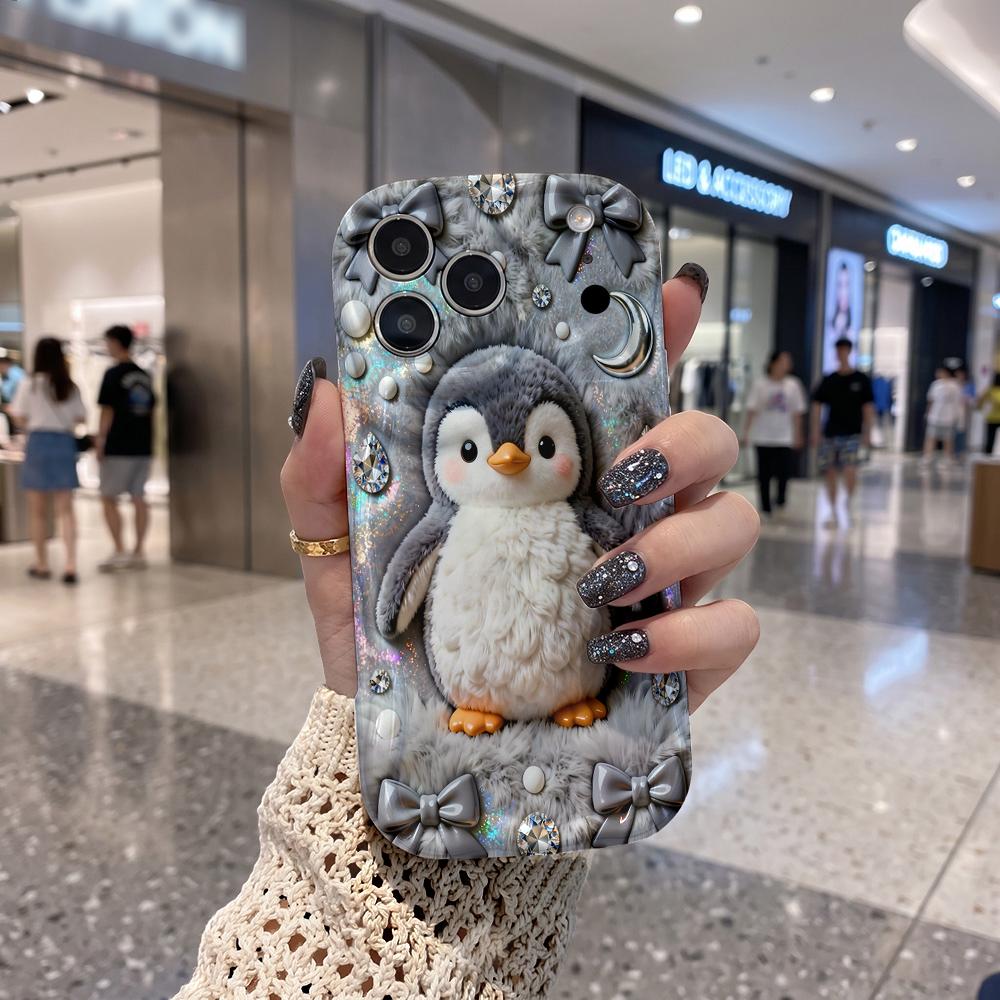 Cute Penguin Bow Rhinestone Pearl Wavy Edge Phone Case For iPhone 17 16 15 14 13 12 11 8 7 Plus Pro Max Bling Soft Cover