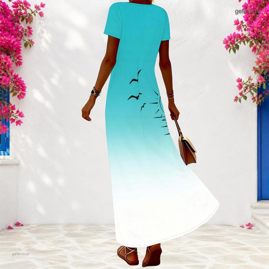 Women Plus Size V Neck Short Sleeve Printed Gradient Maxi Dress