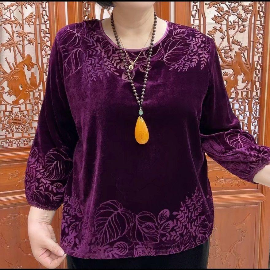 

Retro Women s Plus Size Silk Blouse Flocked Embossed Loose Round Neck Printed Velvet Blouse spring 7XL бордовий