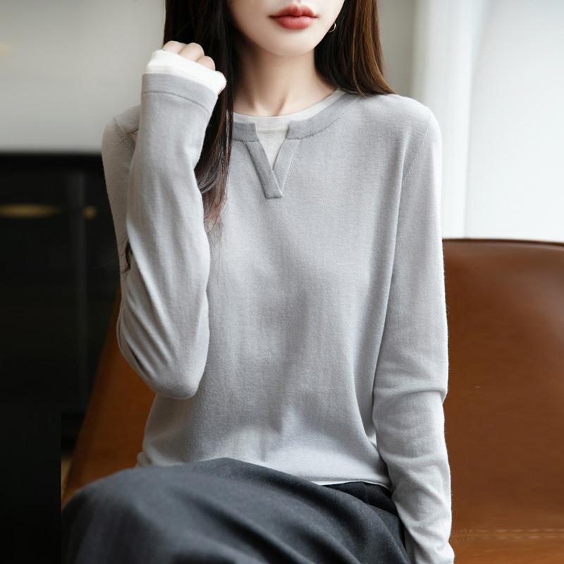 New Autumn and Winter Women's Round-neck Color-blocked Fake Two-piece Base Layer Knitted Sweater Pullover Long-sleeved Sweater