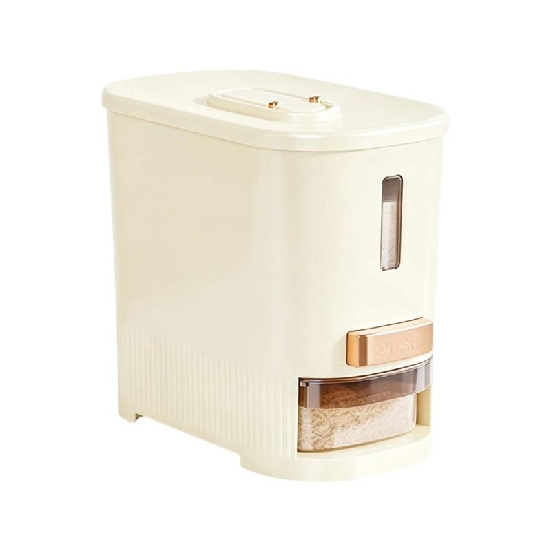Countertop Rice Storage Bin with Push Button Release, Covered Rice Holder and Supply Window for Kitchen Cabinet Use