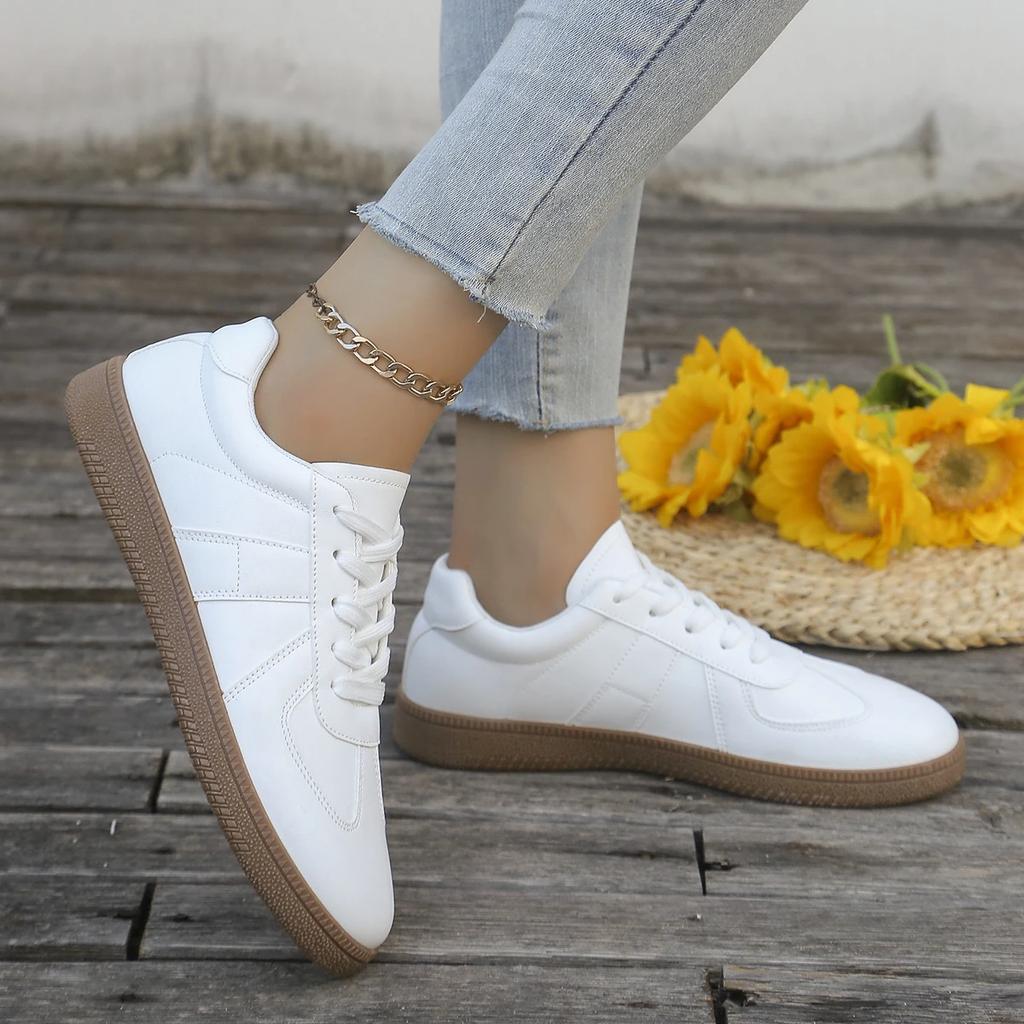 Ladies' Casual White Sports Shoes - Lace Up, Low Cut, Breathable Fabric, Comfortable All Year Round