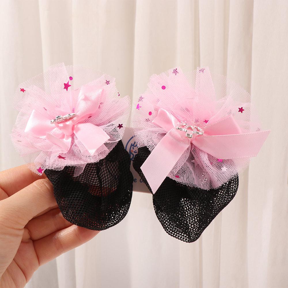2PCS Spring Clip Girls Elastic Hair Net Fashion Headdress Korean Bun Snood Ballet Hair Net Kids