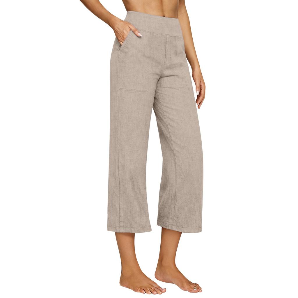Women's Fashionable Loose-Fit Pocket Cotton-Linen Blend High-Waisted Wide-Leg Pants Casual Cropped Trousers