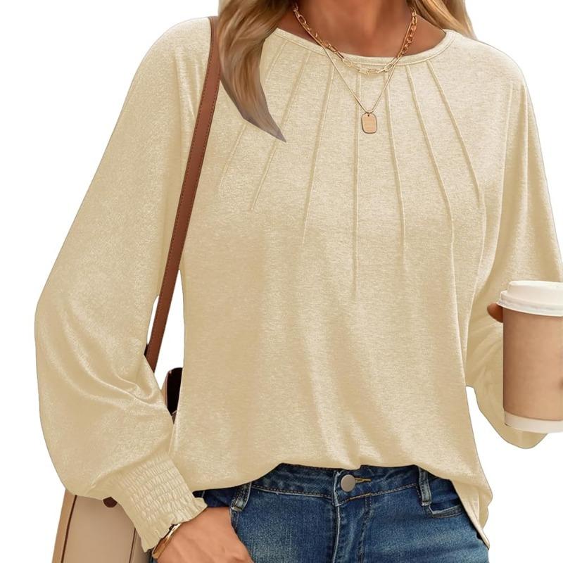 

Women s Round Neck Pleated Long Sleeved Casual Top T-shirt XL бежевий
