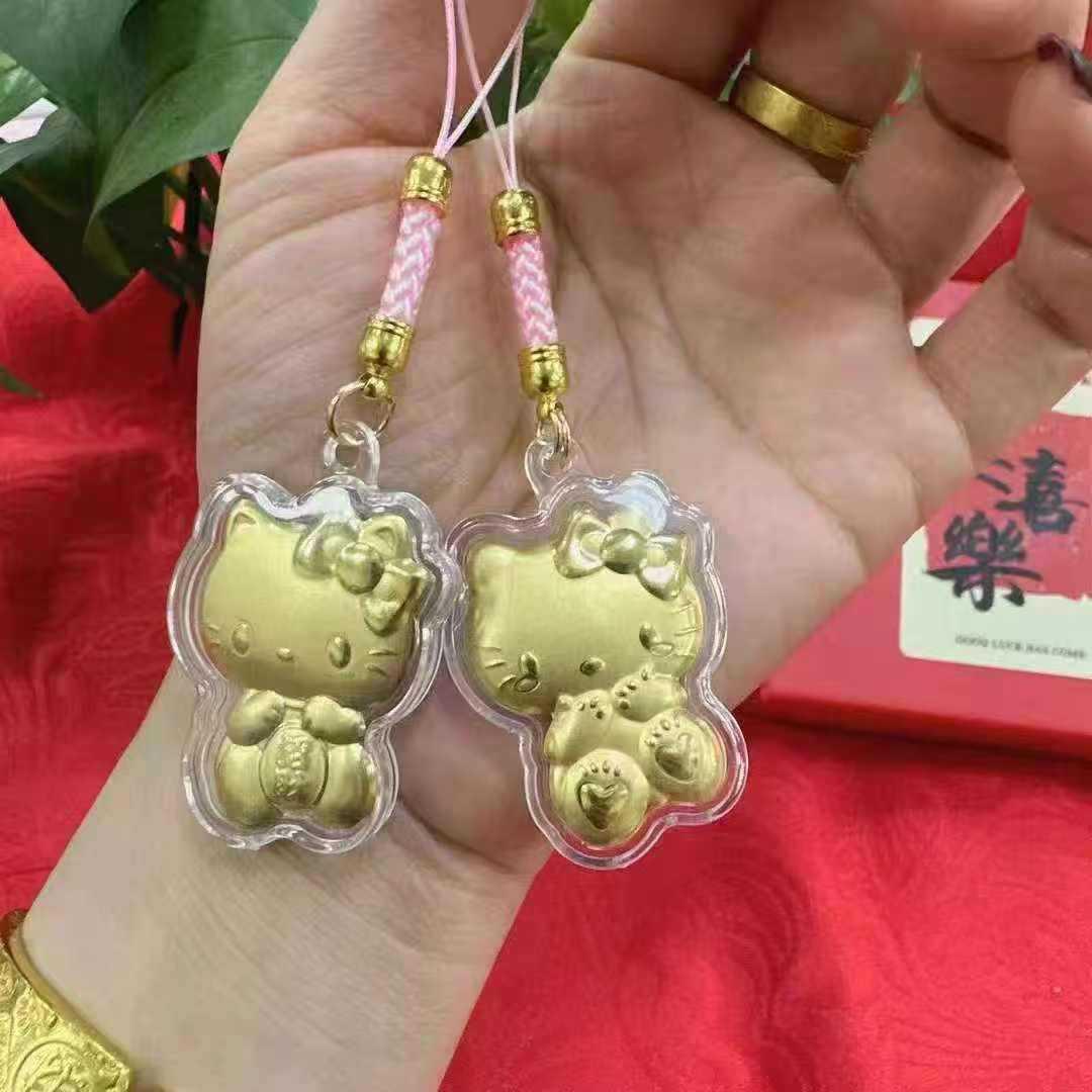 999 Pure Gold Hello Kitty Cat Pendant Keychain & Phone Lanyard Charm