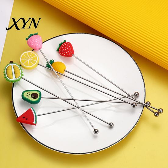 Stir Stick Cocktail Stick, Stainless Steel Mixing with Durian Pineapple Strawberry Cute Drink Stirrer Watermelon Rubber Top Decor, for Bar Milk