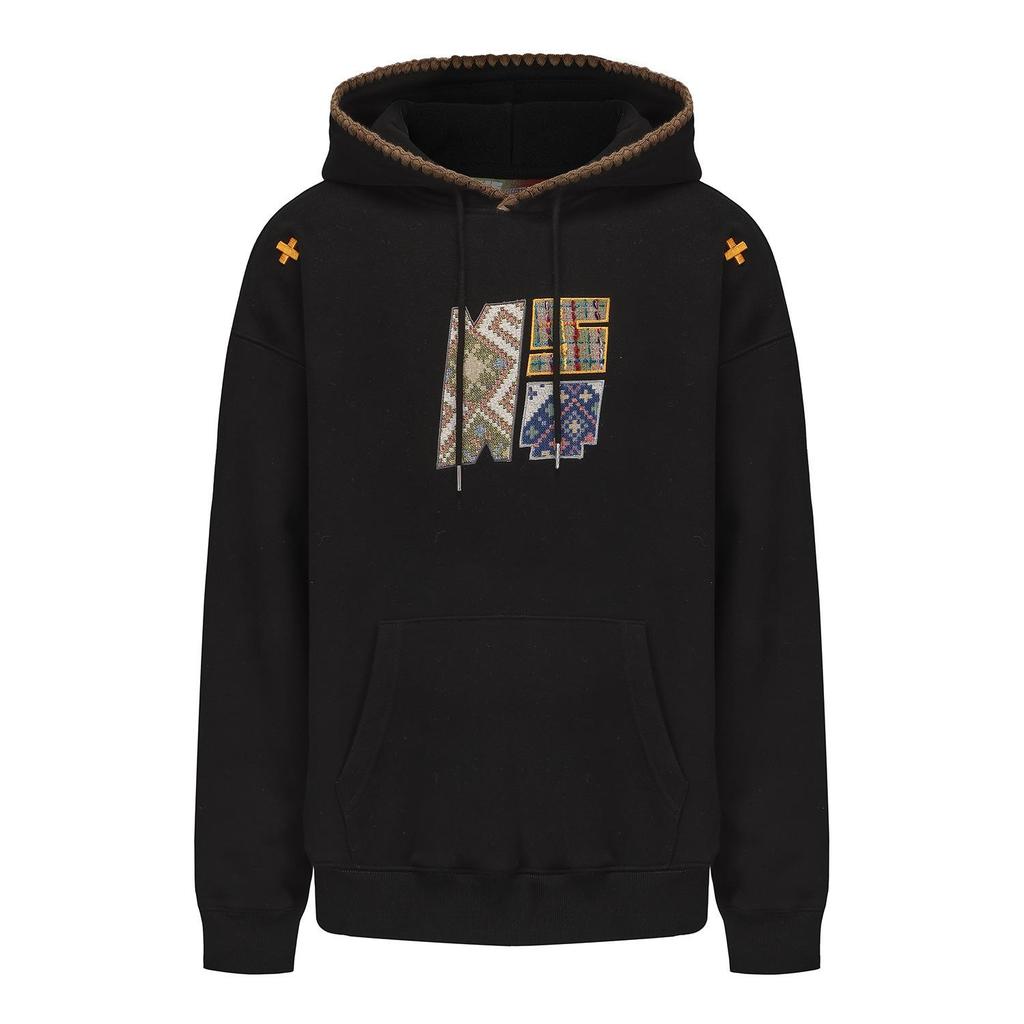 Retro Ethnic Style Men's Fleece-Lined Hooded Sweatshirt with Embroidery