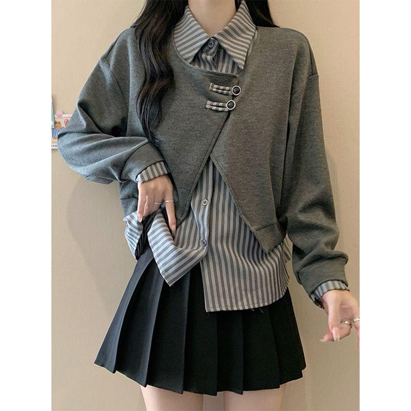 

Plus Size Women s Clothing Belly Covering Stylish False Two-Piece Sweaters Women s Spring & Fall Fat Sister Slim Looking Polo Collar Long Sleeves Tops Gray L [Recommendation 45-57.5kg]