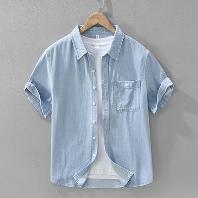 Sommer Japanischer Retro-Stil Kurzärmeliges Jeanshemd Herren Reine Baumwolle Weich und Bequem Jeanshemden Herren Freizeit Cowboy Oberteile