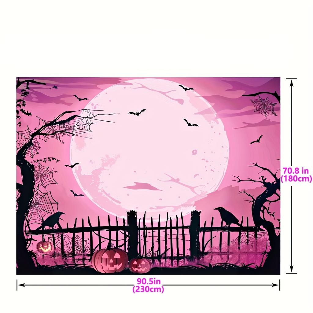 Halloween Moonlight Night Party - Large Pumpkin and Witch-Castle Horror House Design Polyester Background Fabric.PMJ