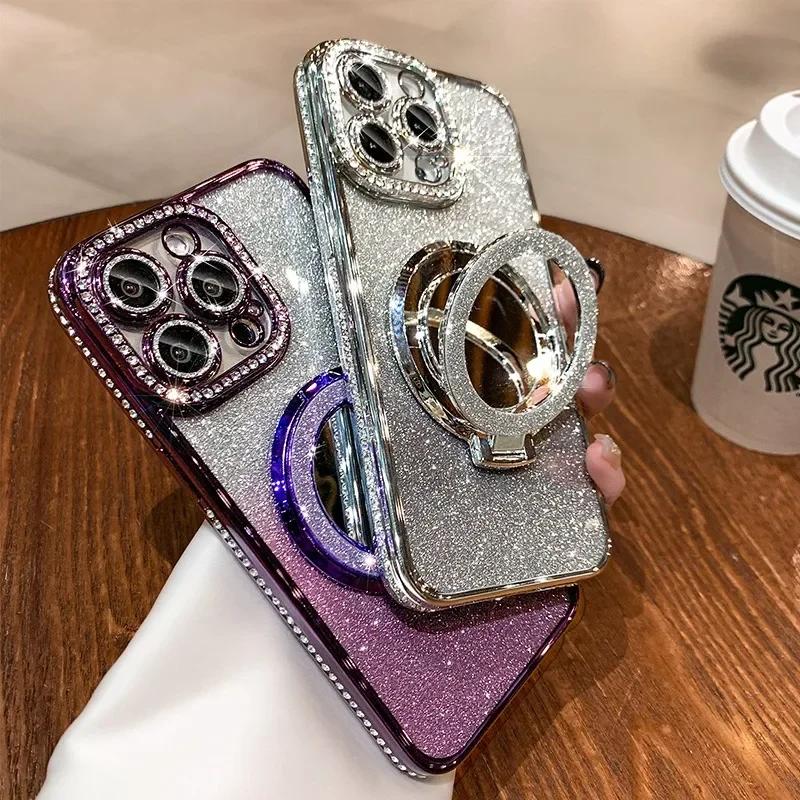 Luxury Diamond Clear Glitter Magsafe Case suit For iPhone 16 14 13 12 11 Pro Max 15Plus Mirror Magnetic Phone Holder Stand Cover