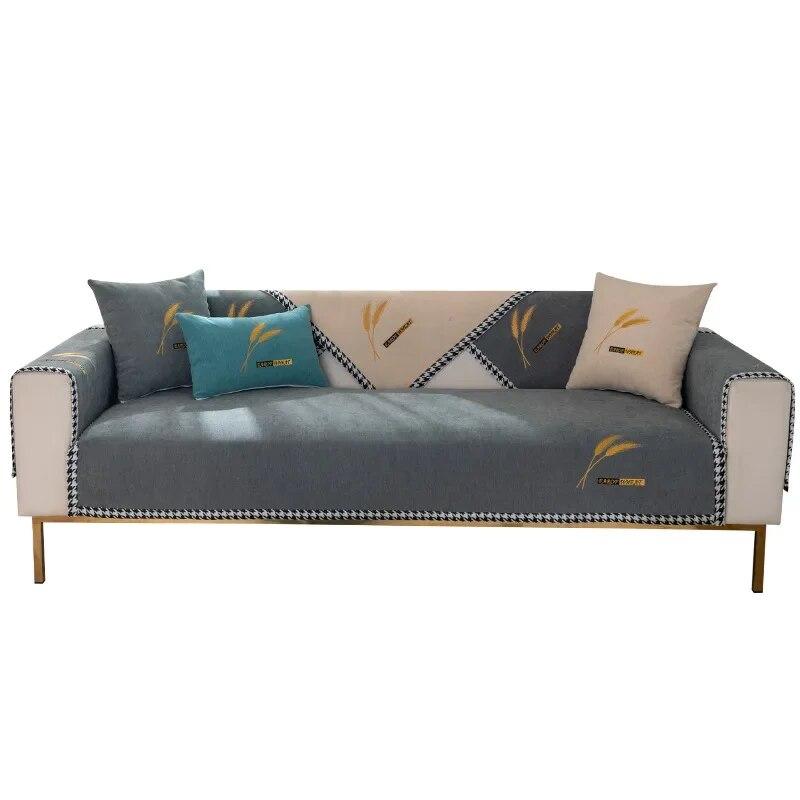 Modern Chenille Sofa Cover Wheat Head Embroidery Anti-slip Slipcover Universal Couch Mat for Living Room Four Season