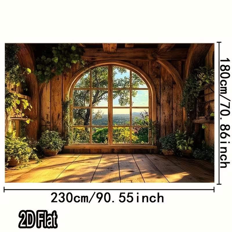 2D Cozy Cottage Background, Arched Window with Nature View Themed Photoshoot Backdrop