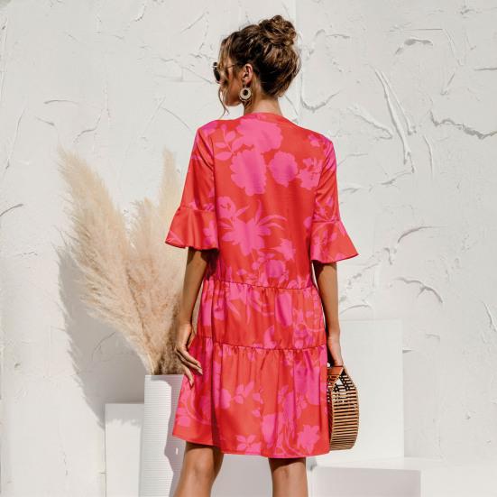 Women's Summer Mini Dress Puff Short Sleeve V Neck Pleated Dress Boho