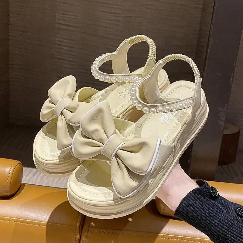 Wedge with Platform Waterproof Apricot Outdoor Pearl Ladies Shoes Open Toe Sandals for Women Bow Summer 2025 Footwear Flat Sale