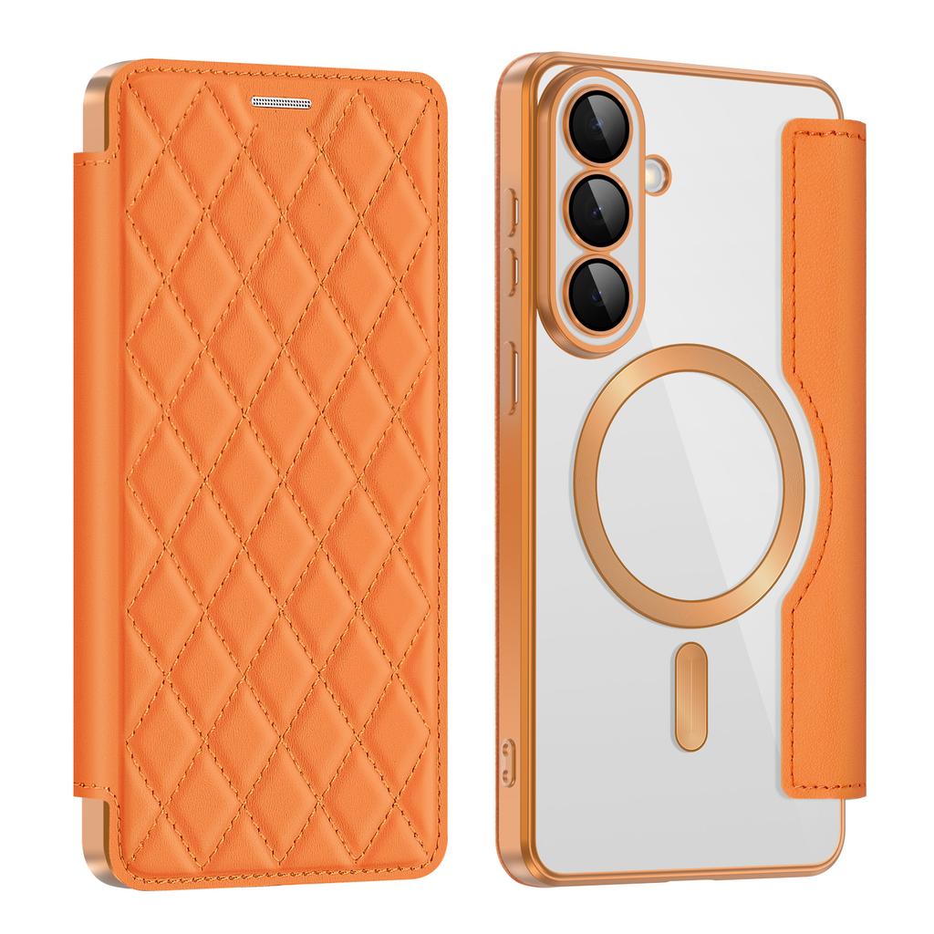 For Samsung Galaxy S26+ Magnetic Case RFID Blocking Card Holder Rhombus PU Leather Phone Cover with Lens Film